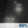 Saturday Night: A chance of rain. Mostly cloudy, with a low around 49. Chance of precipitation is 50%. Saturday Night: Chance Light Rain